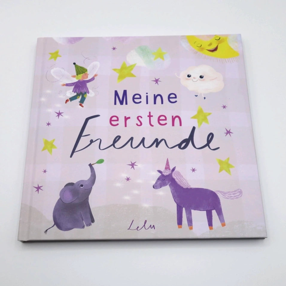 Vorderansicht des Freundebuchs Meine ersten Freunde mit Einhorn und Elefant
