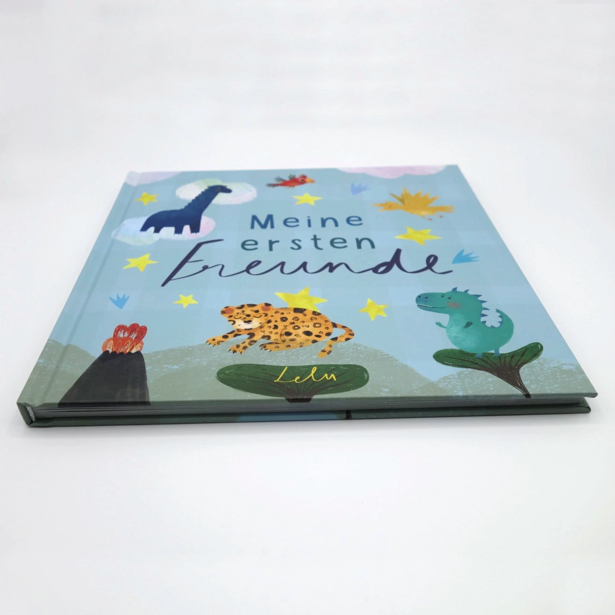 Liegendes Freundebuch Meine ersten Freunde mit Dino-Cover in Schrägansicht