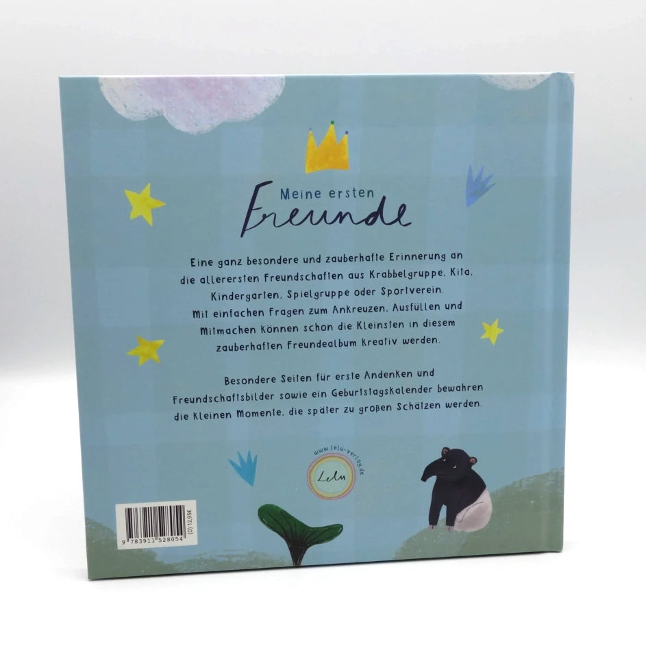 Rückseite des Dino-Freundebuchs Meine ersten Freunde mit Beschreibungstext und Barcode