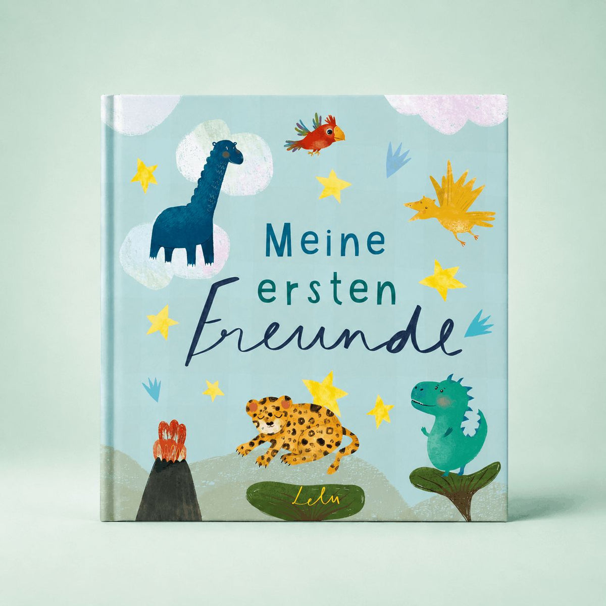 Freundebuch Meine ersten Freunde mit Dinosauriern, Leopard und Vulkan auf hellblauem Cover